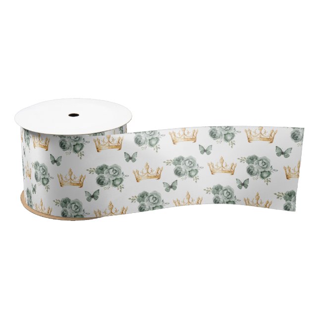 Ruban En Satin Fleurs vertes Sage et Couronnes d'or (Bobine)