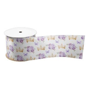 Ruban En Satin Fleurs violettes de lilas et couronnes d'or