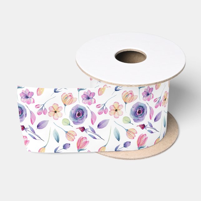 Ruban En Satin Fleurs violettes et roses et verdure (Bobine)