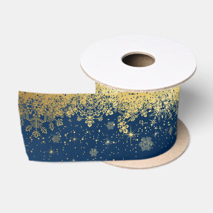 Ruban En Satin Flocons de neige de Noël de bleu marine et d'or