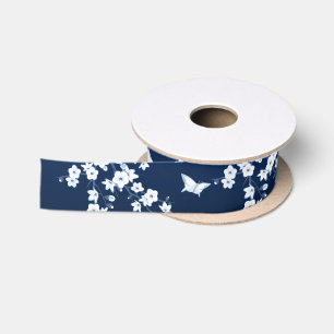 Ruban En Satin Floral Cerisier Fleurs Marine Bleu Blanc