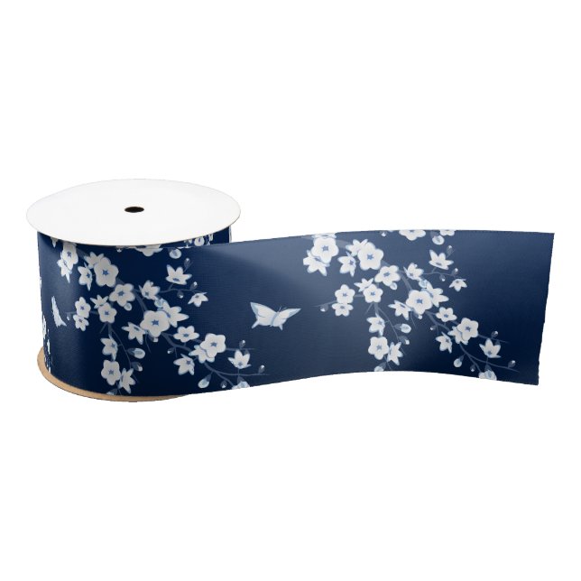 Ruban En Satin Floral Cerisier Fleurs Marine Bleu Blanc (Bobine)