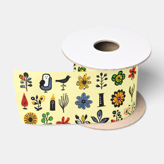 Ruban En Satin Floral folk coloré et oiseaux
