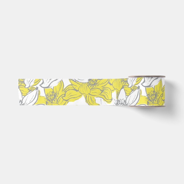 Ruban En Satin Floral gris jaune blanc (Devant)