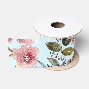 Ruban En Satin Floral moderne Motif à fleurs d'été sur Turquoise