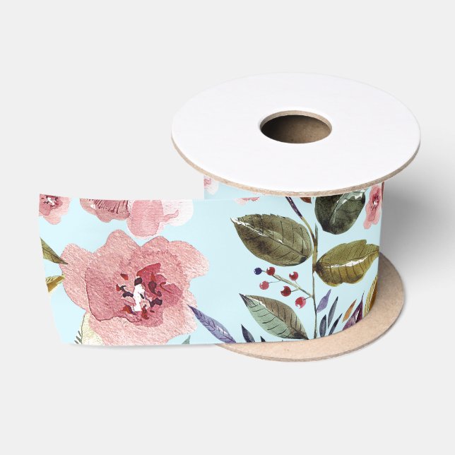 Ruban En Satin Floral moderne Motif à fleurs d'été sur Turquoise (Bobine)