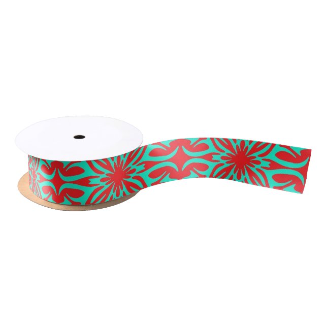 Ruban En Satin Floral rouge et turquoise (Bobine)