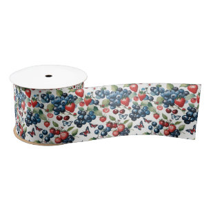 Ruban En Satin Fraises aux bleuets et papillons