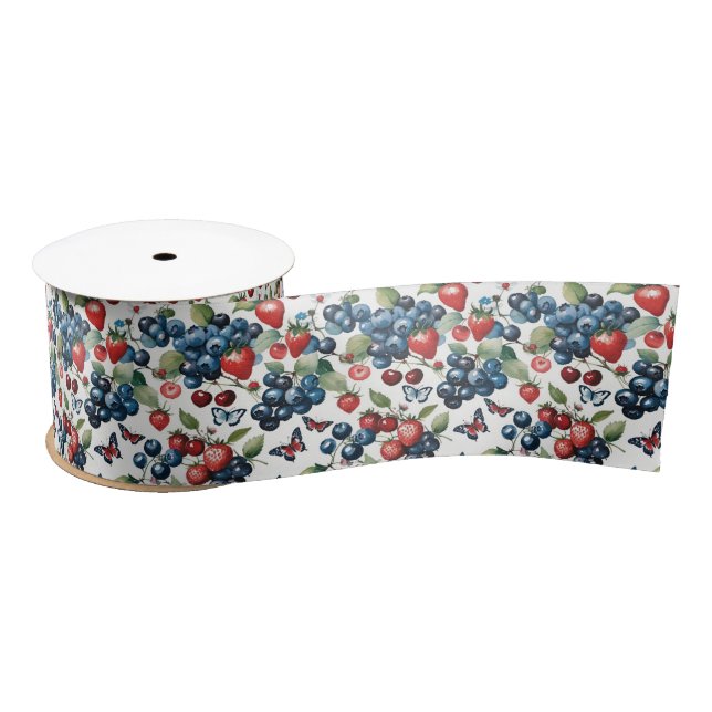 Ruban En Satin Fraises aux bleuets et papillons (Bobine)