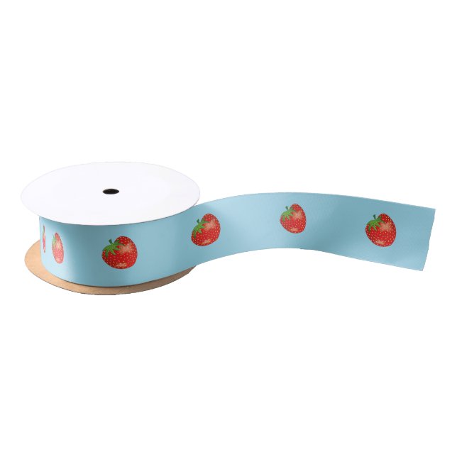 Ruban En Satin Fraises De Dessin Sur Bleu (Bobine)