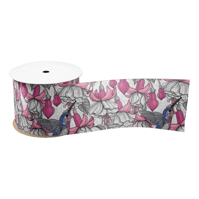 Ruban En Satin Fuchsia et colibris blancs (Bobine)