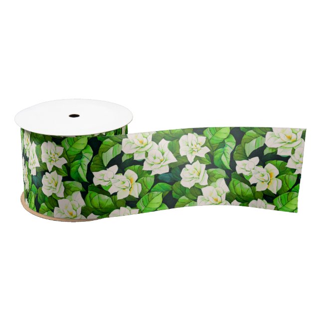 Ruban En Satin Gardenias blanches et Feuilles verts de Jade (Bobine)