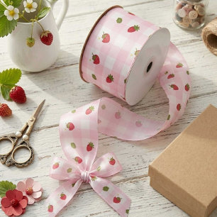Ruban En Satin Gingham Fraise Rose Sucré Mignon Pastel