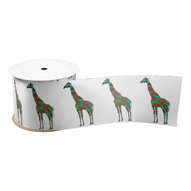 Ruban En Satin Giraffe Silhouette Brown et Turquoise (Bobine)