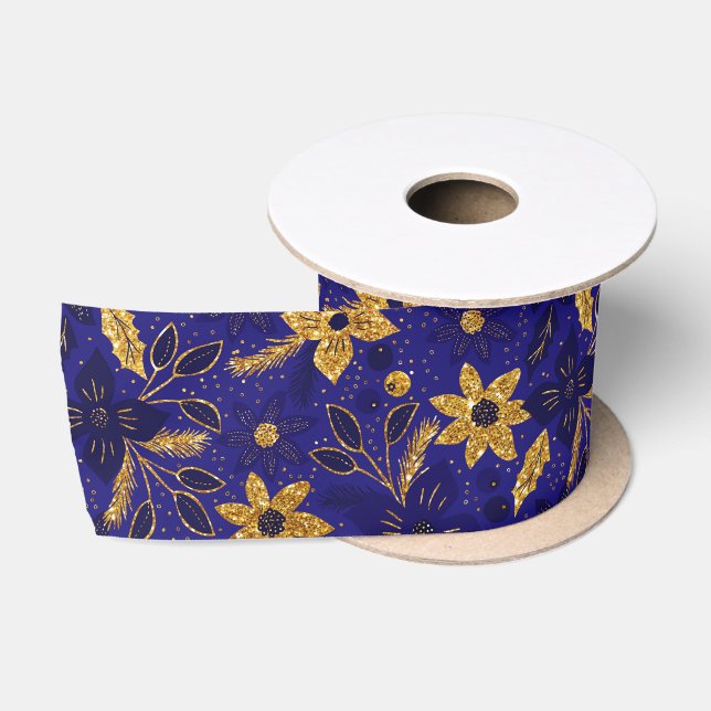 Ruban En Satin Gold and Blue Christmas Poinsettia Flowers (Bobine)