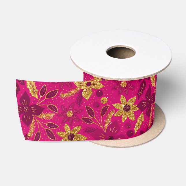 Ruban En Satin Gold and Pink Christmas Poinsettia Flowers (Bobine)