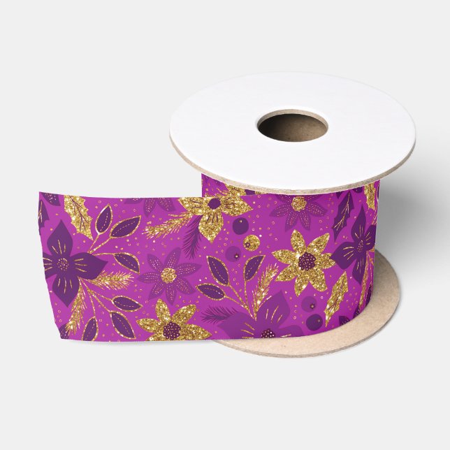 Ruban En Satin Gold and Purple Christmas Poinsettia Flowers (Bobine)