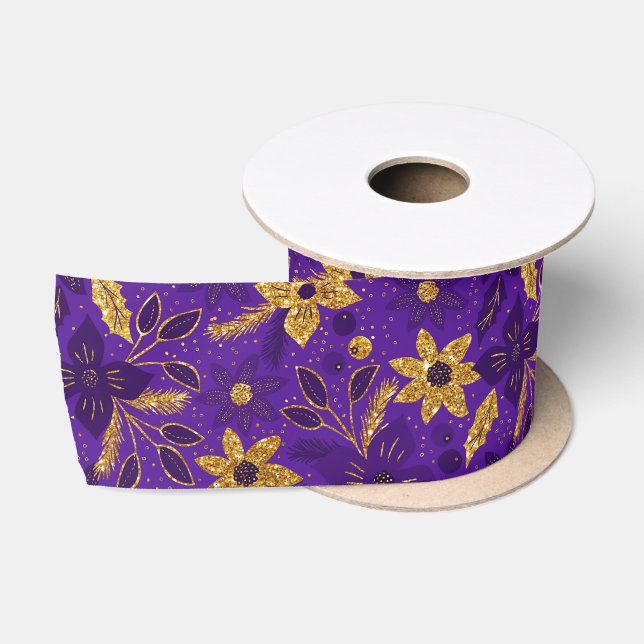Ruban En Satin Gold and Purple Christmas Poinsettia Flowers (Bobine)