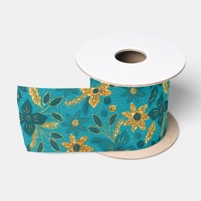 Ruban En Satin Gold and Teal Blue Christmas Poinsettia Flowers (Bobine)