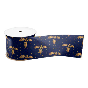 Ruban En Satin Gold et Navy Blue Christmas Holly