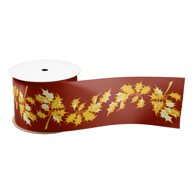Ruban En Satin Gold Holly sur Red (Bobine)