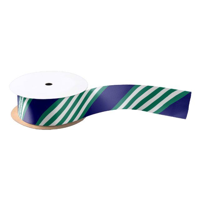 Ruban En Satin Green and white stripes pattern with navy blue (Bobine)