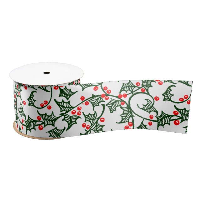 Ruban En Satin Green Holly avec Baies Rouges Ruban Rustique (Bobine)