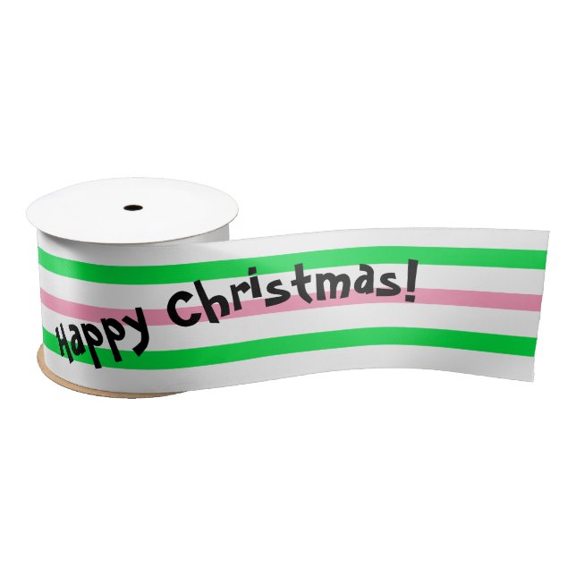 Ruban En Satin Green Pink Stripe Joyeux Noël (Bobine)