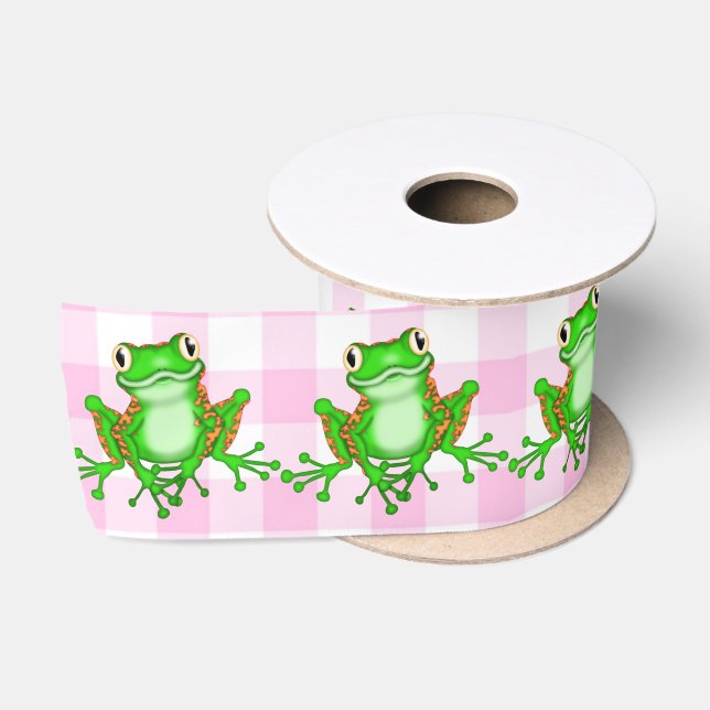 Ruban En Satin Grenouilles vertes sur En vichy rose (Bobine)