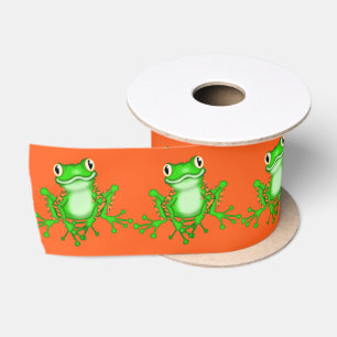 Ruban En Satin Grenouilles vertes sur orange