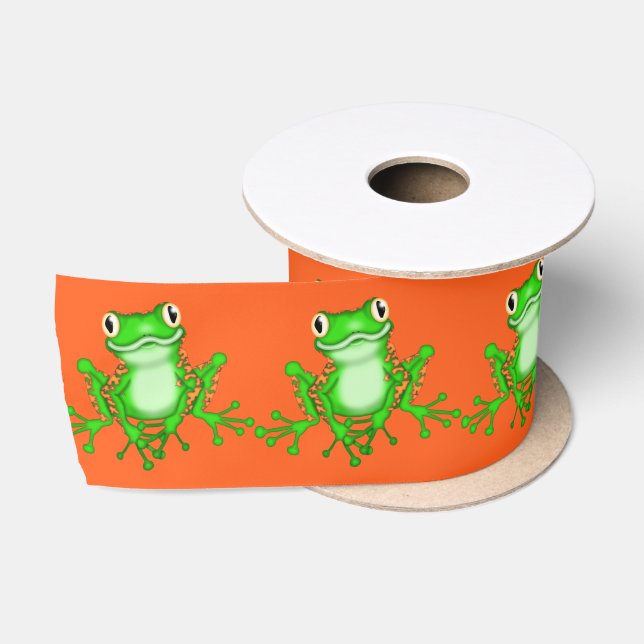 Ruban En Satin Grenouilles vertes sur orange (Bobine)