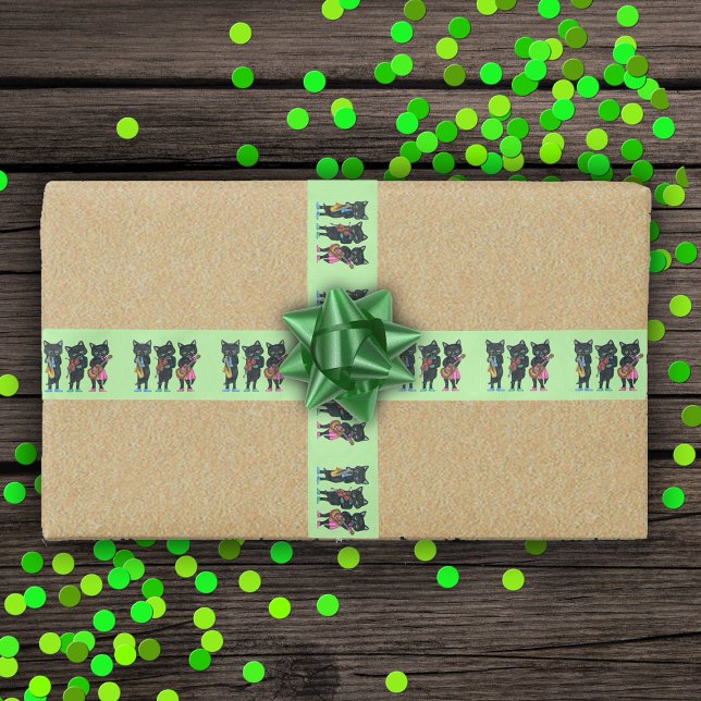 Ruban En Satin Groupe Trois Black Cat Musiciens Instruments Green (three black cat musicians playing instruments colourful clothes on light green ribbon for gift wrap.)