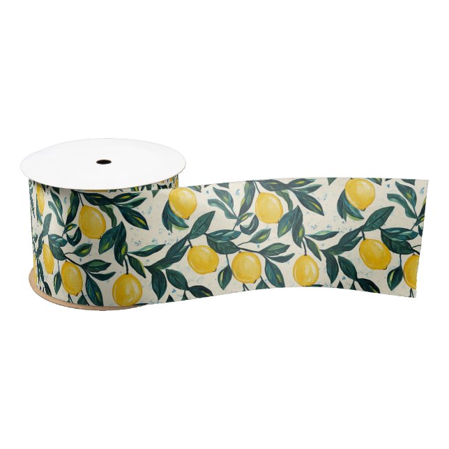 Ruban En Satin Hand-painted style Bright Yellow Lemon Patterned (Bobine)