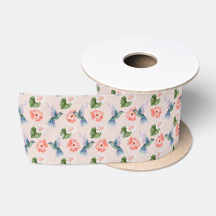Ruban En Satin Hibiscus bleu vert et rose et colibris