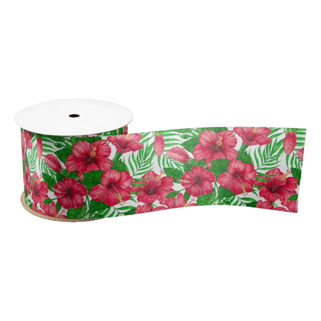 Ruban En Satin Hibiscus et palmiers feuilles (Bobine)