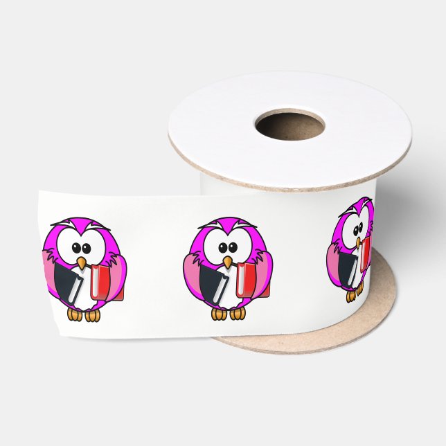 Ruban En Satin hibou rose et blanc tenant des livres scolaires (Bobine)
