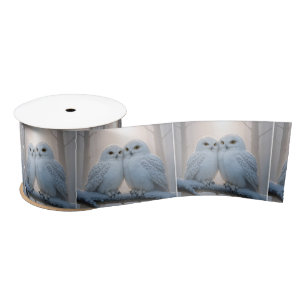 Ruban En Satin Hiboux blancs sur une branche d'hiver