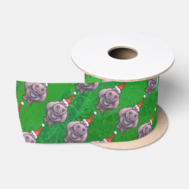 Ruban En Satin Hippo à Santa Hat Motif en vert (Bobine)