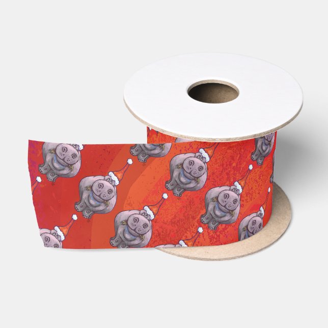 Ruban En Satin Hippo mignon à Santa Hat Motif en rouge (Bobine)