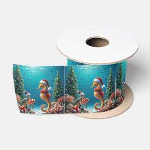 Ruban En Satin Hippocampe de Noël sous-marin et tortue de mer