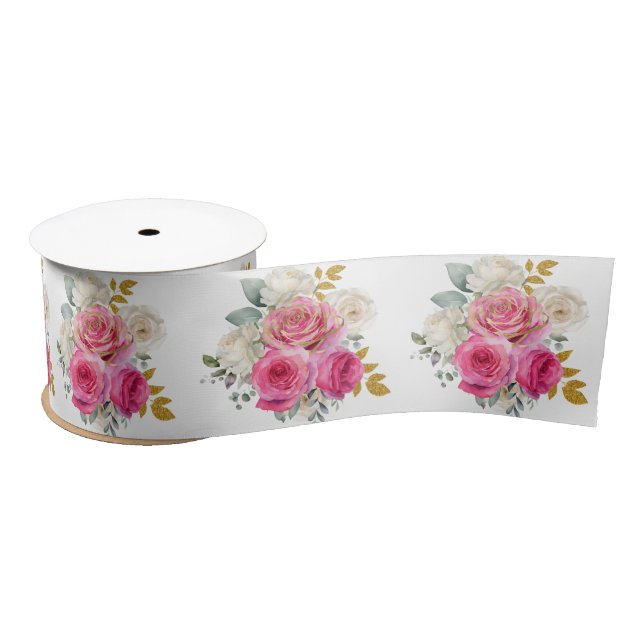 Ruban En Satin Hot Pink and Gold Elegant Flowers (Bobine)
