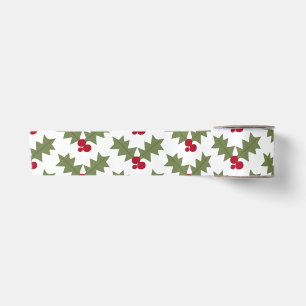 Ruban En Satin Houx de Noël Baies Rouges Feuilles Vertes