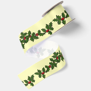 Ruban En Satin Houx de Noël vert avec des baies rouges