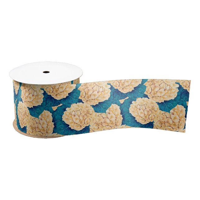 Ruban En Satin Hydrangea aquarelle motif, jaune et bleu (Bobine)