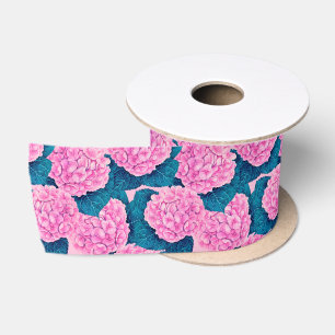 Ruban En Satin Hydrangea aquarelle motif, rose et bleu
