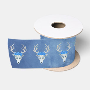 Ruban En Satin Imaginaire White Cerfs Antlers Roses Misty Blue