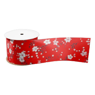 Ruban En Satin Impression Posy Blanc Sur Rouge