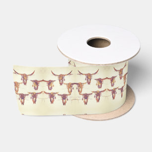 Ruban En Satin Imprimerie occidentale Skuls taureaux Beige Brown 