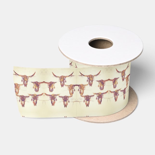 Ruban En Satin Imprimerie occidentale Skuls taureaux Beige Brown  (Bobine)