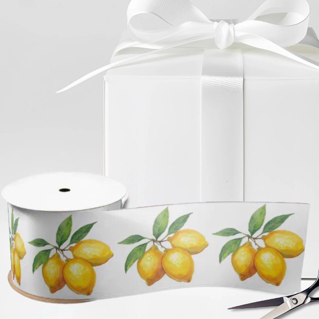 Ruban En Satin Italian Watercolor Lemons on White (Italian Watercolor Lemons and Leaves on White Satin Ribbon)